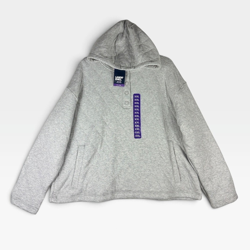 Lands' End Quilted Pullover Hoodie Womens XXL Grey Snap Henley NWT